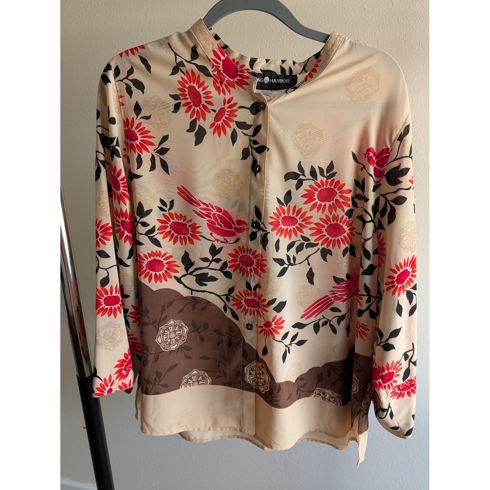 Sag Harbor Womens XL Bird Floral Print Button Up Blouse Cream Red T43044